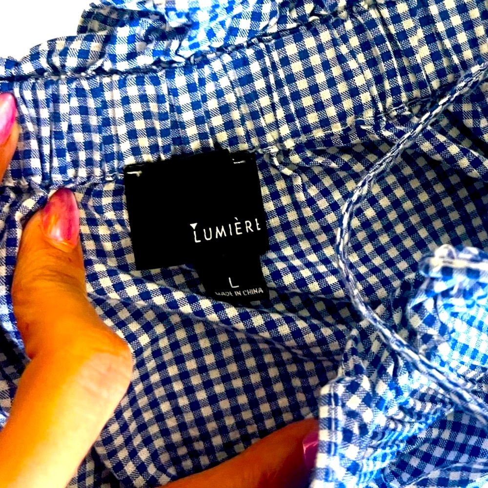 𝐋𝐔𝐌𝐈𝐄𝐑𝐄 Off-Shoulder Gingham Ruffle Top – Size L - Picture 5 of 7